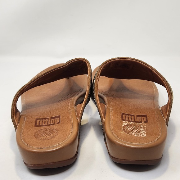 FitFlop Womens Banda Brown Leather Gold Crystal Thong Sandals Size 9 Toe Post - Picture 7 of 9